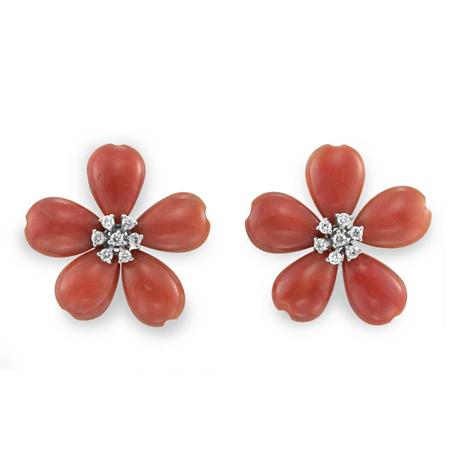 Appraisal: Pair of Carved Coral and Diamond Flower Earrings Estimate -