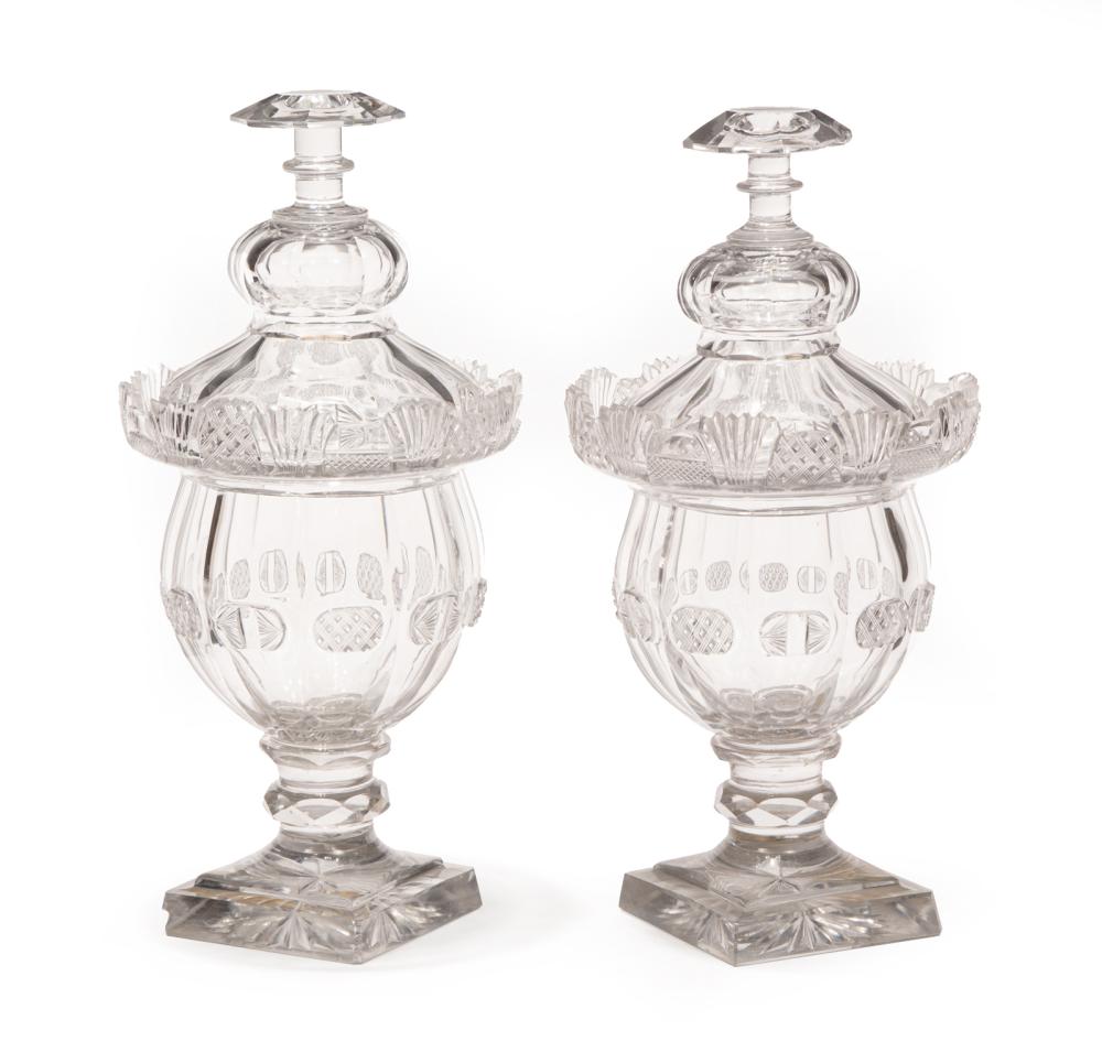 Appraisal: Pair of Georgian-Style Cut Crystal Covered Sweetmeat Urns thc crenellated