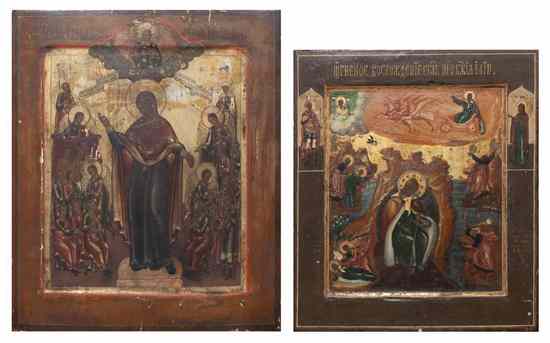 Appraisal: A Russian Wood Icon of Mary together with another example