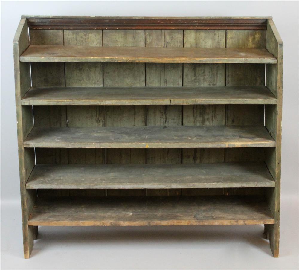 Appraisal: AMERICAN PRIMITIVE GREEN PAINTED OPEN SHELF having a straight rail