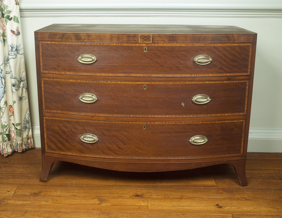 Appraisal: ENGLISH HEPPLEWHITE INLAID MAHOGANY BOWFRONT CHEST OF DRAWERS The D-shaped