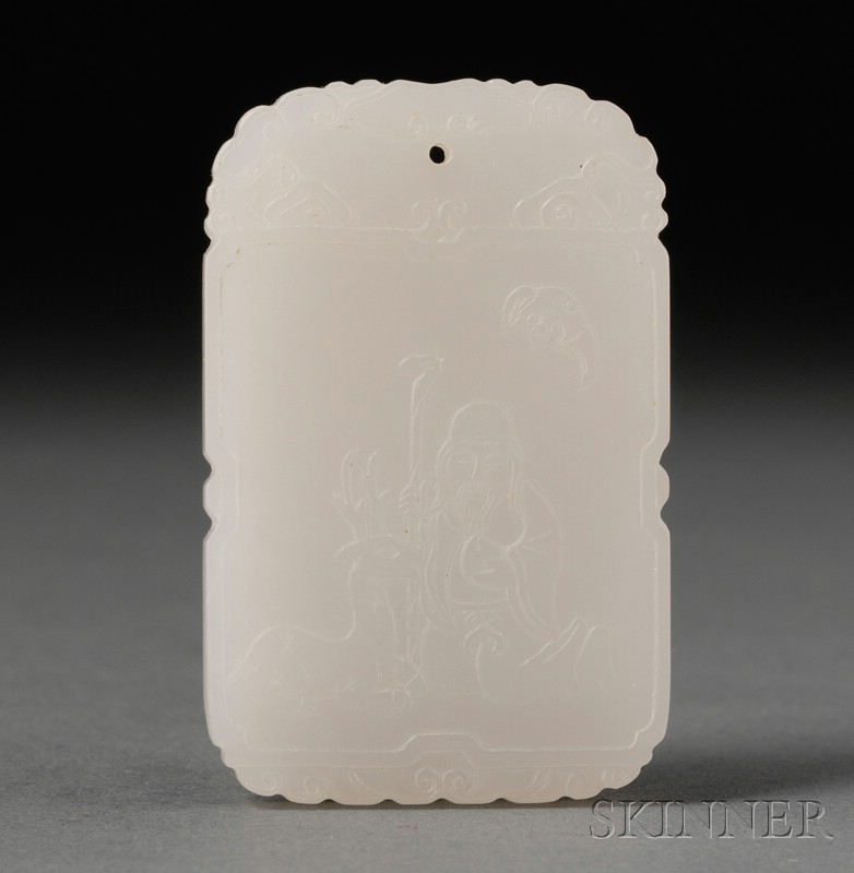 Appraisal: White Jade Pendant th century rectangular form surface carved with