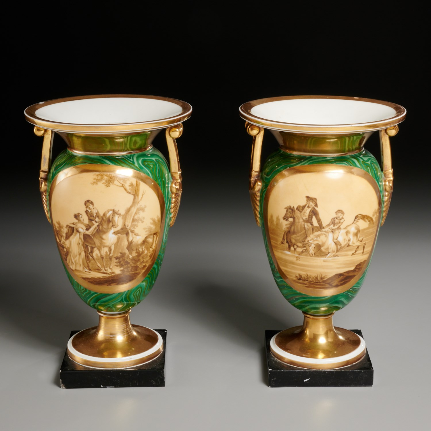 Appraisal: PAIR OLD PARIS FAUX MALACHITE URN VASES th c France