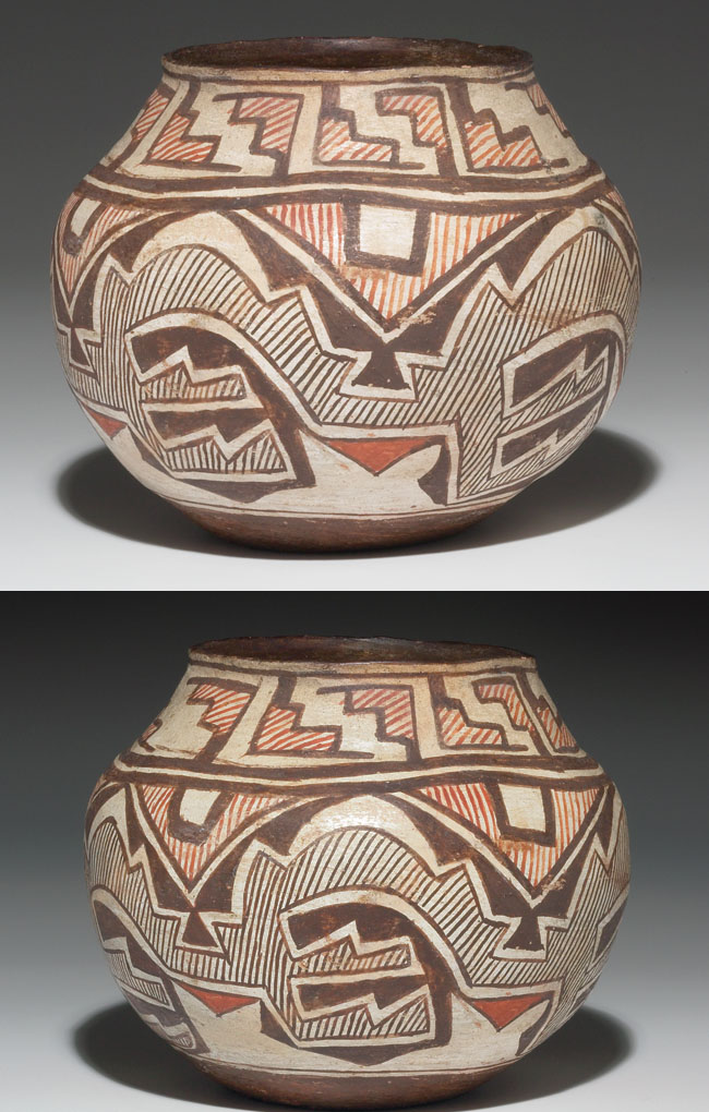 Appraisal: Zuni olla c bulbous shape with painted geometric designs in