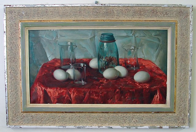 Appraisal: Beakers and Eggs oil on canvas x SLR Arthur Meltzer