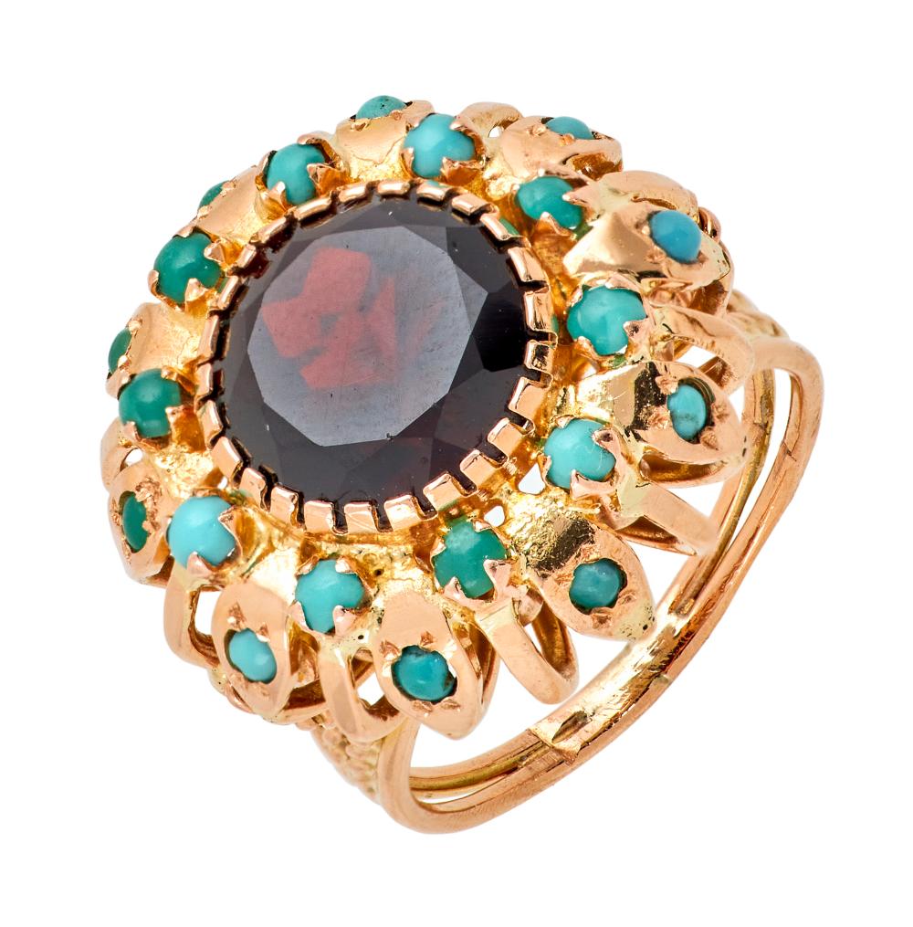 Appraisal: KT YELLOW GOLD TURQUOISE AND GARNET RING APPROX TOTAL DWT