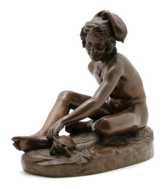 Appraisal: A French Bronze Figural Group Depicting Youthful Fisherman with Turtle