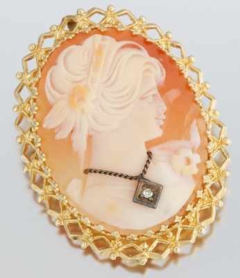 Appraisal: A Carved Shell and Diamond Habille Cameo Brooch Carved shell