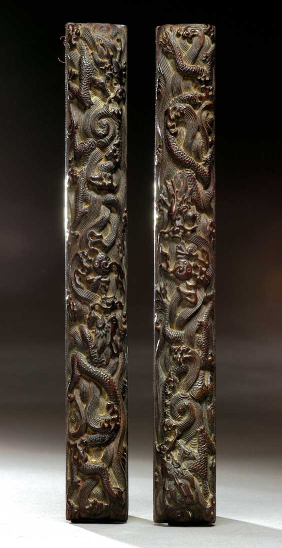 Appraisal: PAIR ZITAN SCROLL WEIGHTS Pair of well carved Chinese zitan