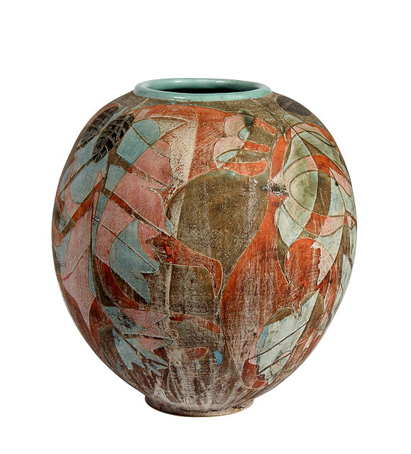 Appraisal: A LARGE CONTEMPORARY OVOID VASE scratch decorated with stylised abstract