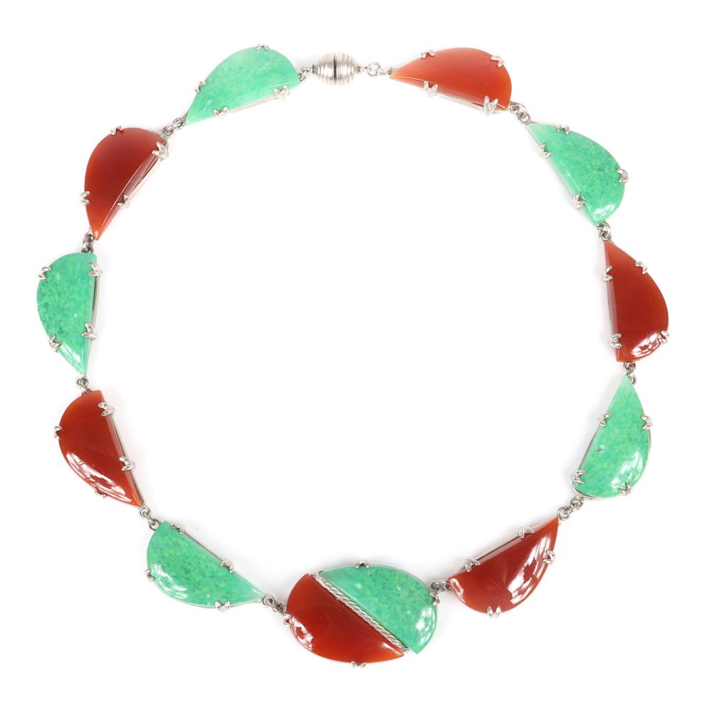 Appraisal: FRENCH ART DECO NECKLACE WITH SILVER LINKED JADE GREEN AND