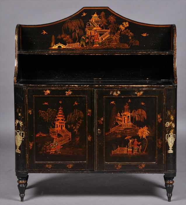 Appraisal: REGENCY BLACK PAINTED CHIFFONIERE The two-shelf superstructure with shaped backboard