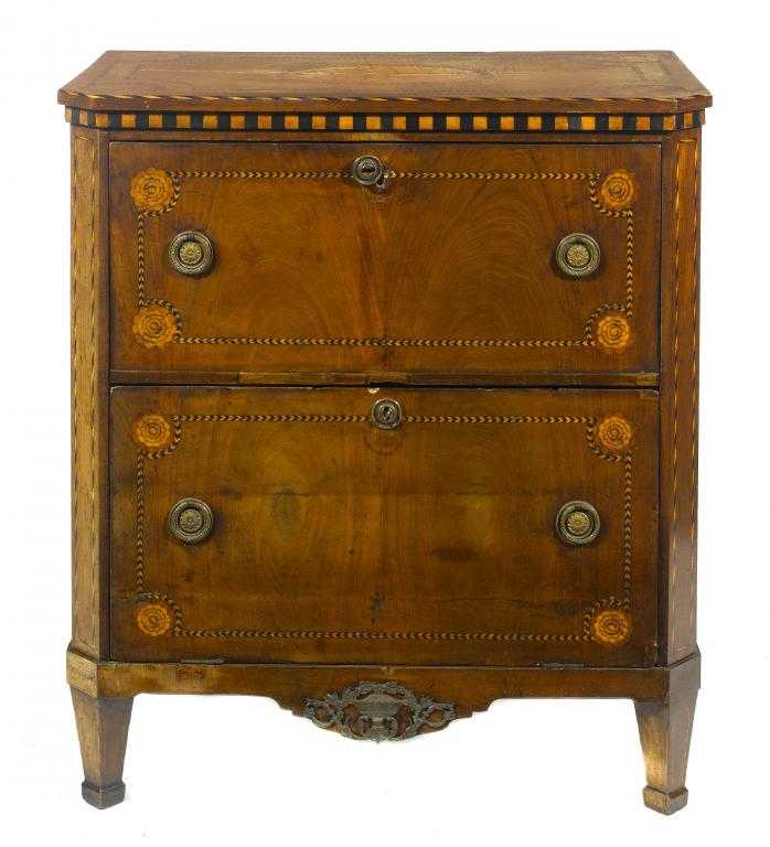 Appraisal: A DUTCH MAHOGANY AND MARQUETRY COMMODE the top centred by