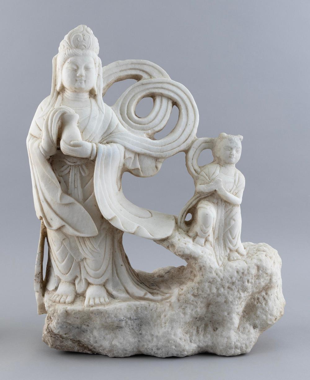 Appraisal: CHINESE CARVED MARBLE FIGURE OF GUANYIN TH CENTURY HEIGHT LENGTH