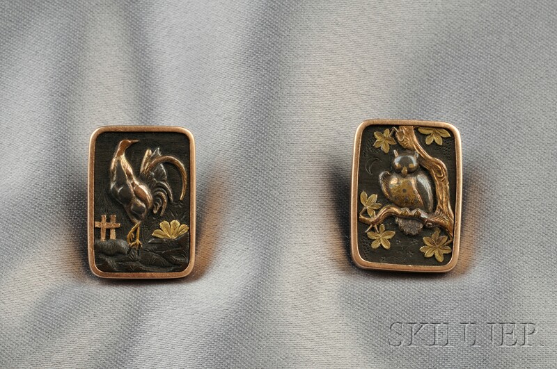 Appraisal: Shakudo Day and Night Cuff Buttons one depicting a cock