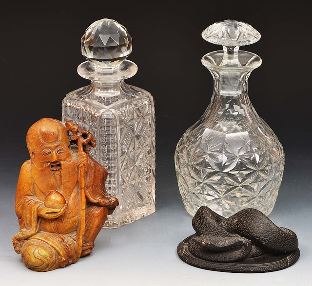 Appraisal: Chinese soapstone model of Shou Laotwo English cut glass decanters