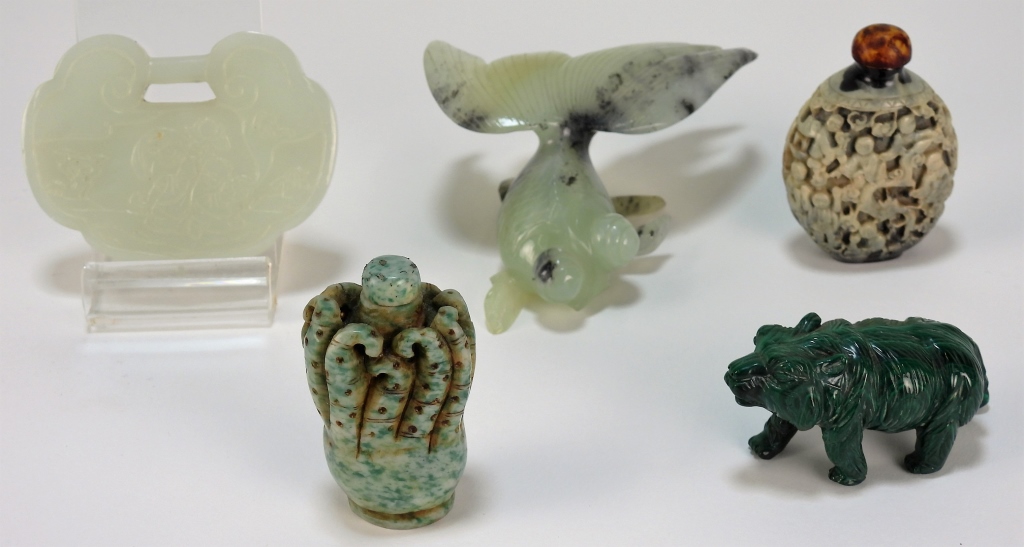 Appraisal: PC CHINESE CARVED HARDSTONE ARTICLES China th CenturyIncludes a goldfish