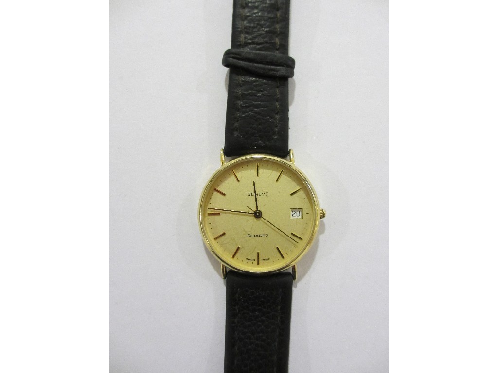 Appraisal: Gents ct gold cased Geneve wrist watch on black leather