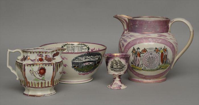 Appraisal: FOUR STAFFORDSHIRE PURPLE LUSTERWARE ARTICLES Including a jug a pitcher