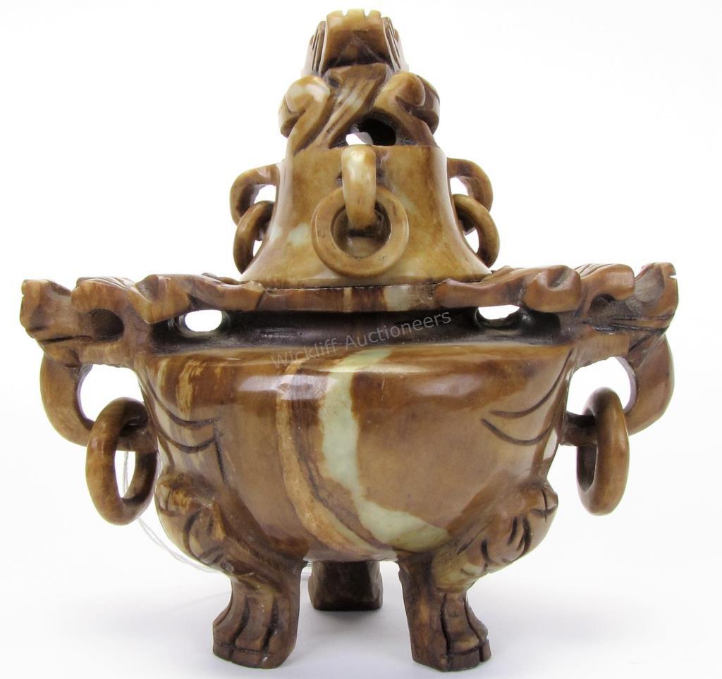 Appraisal: Oriental Carved Soapstone Censer tripod censer with dragon handles and