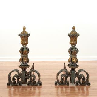 Appraisal: Nice pair Baroque bronze wrought iron andirons Nice pair Baroque