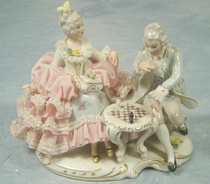 Appraisal: German US Zone porcelain figurine of couple playing chess h