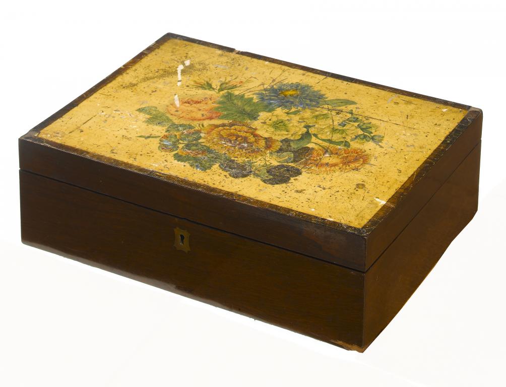 Appraisal: A VICTORIAN ROSEWOOD AND DECOUPAGE WORKBOX the lid with painted