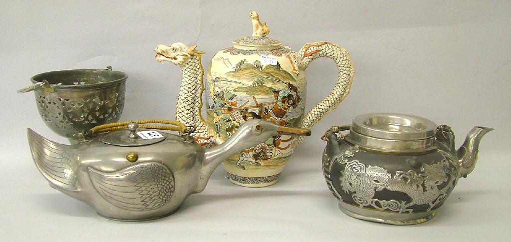 Appraisal: Three novelty Oriental teapots one pewter in the form of