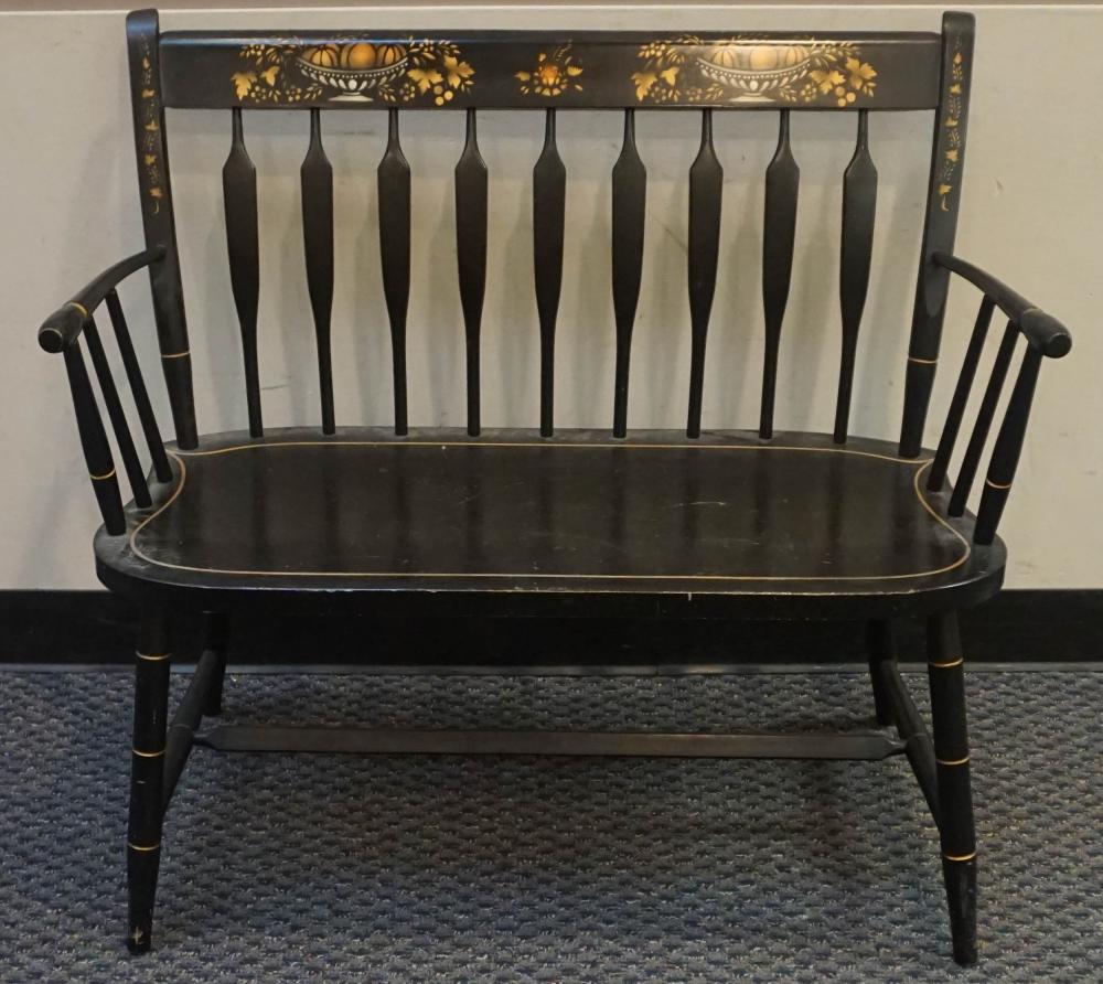 Appraisal: NICHOLS STONE EARLY AMERICAN STYLE STENCIL DECORATED EBONIZED WOOD BENCH