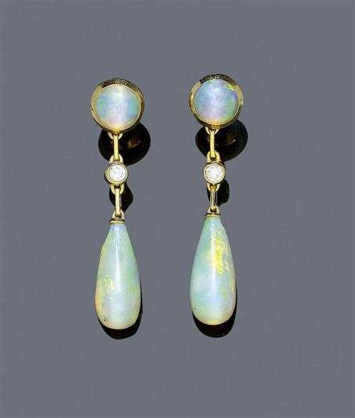 Appraisal: WHITE OPAL AND BRILLIANT-CUT DIAMOND PENDANT EARRINGS Yellow gold Very