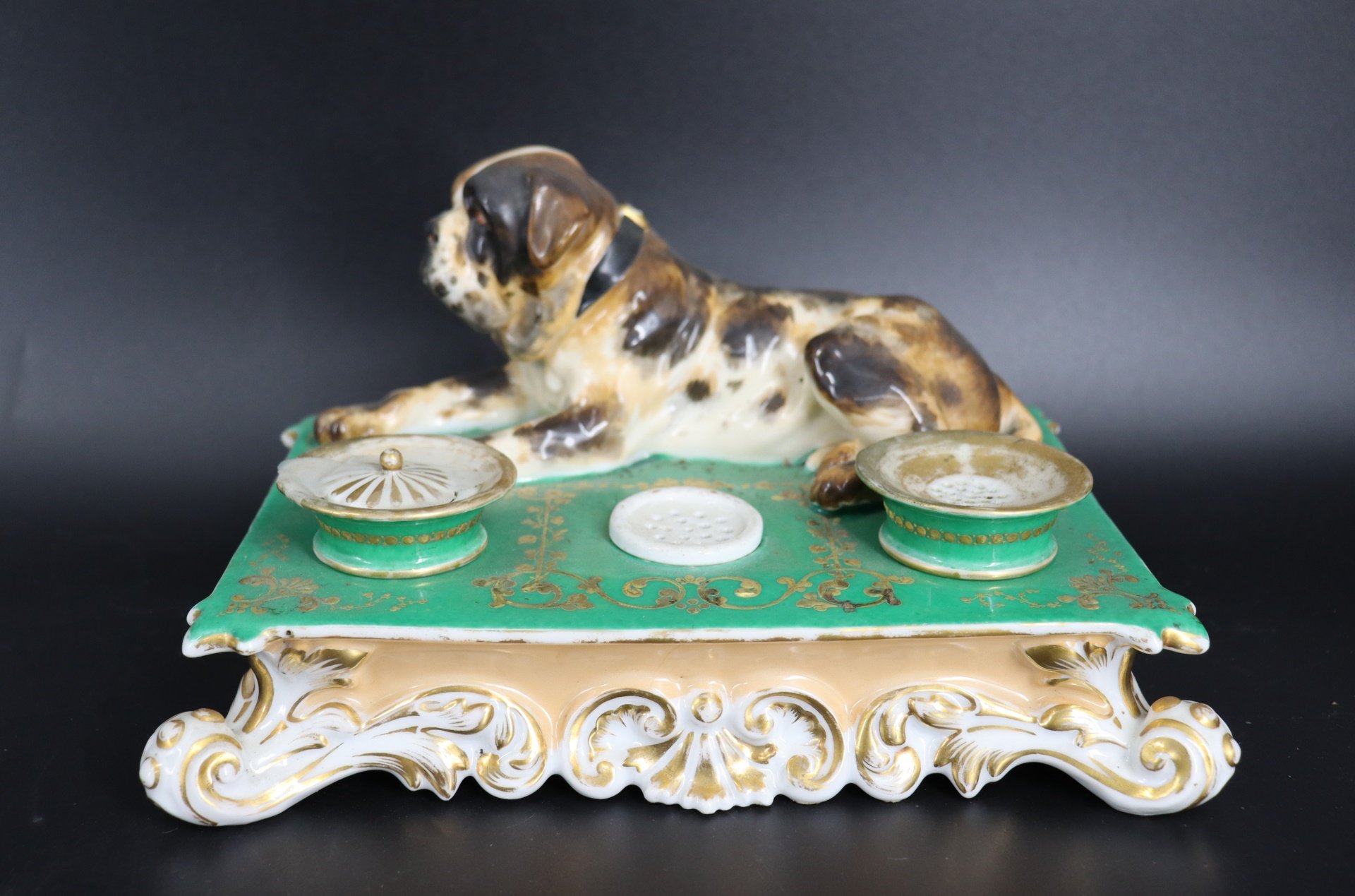 Appraisal: Attr Staffordshire Porcelain inkwell With Dog Apparently unsigned From a