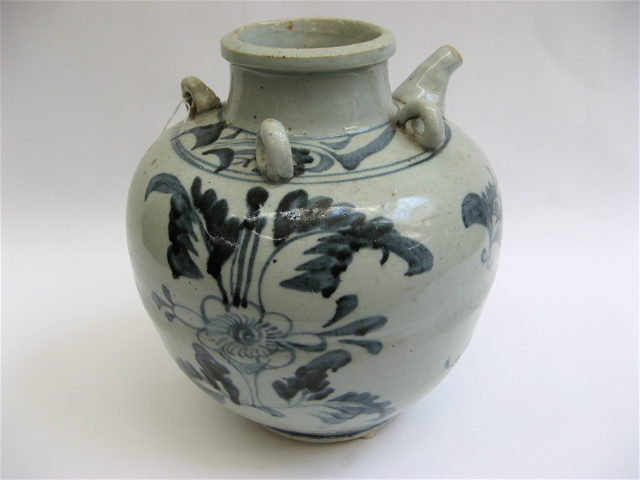 Appraisal: JAPANESE GLAZED POTTERY OIL JAR hand painted with blue floral