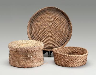 Appraisal: Three coiled straw baskets coils bound with oak splits tray