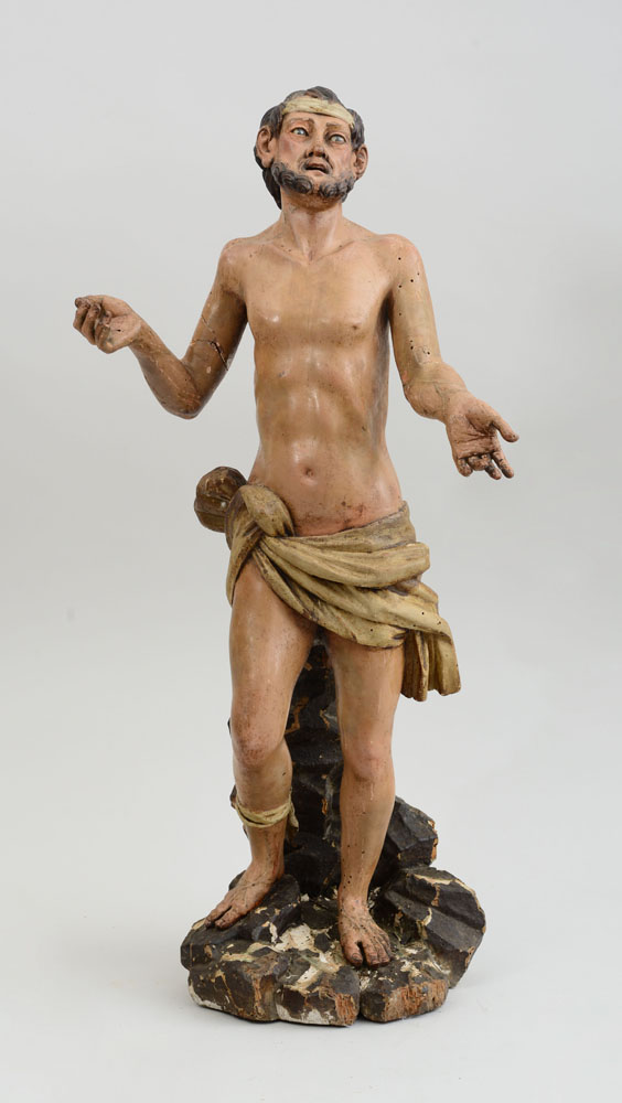 Appraisal: SPANISH BAROQUE CARVED AND PAINTED WOOD FIGURE OF A SAINT