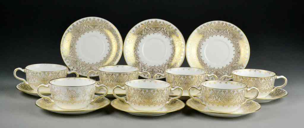 Appraisal: Wedgewood Buillon Cups and SaucersTo include seven two-handled cups and