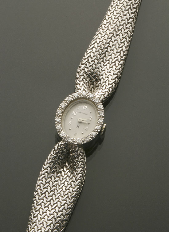 Appraisal: Lady's -Karat White-Gold and Diamond -Jewel Manual-Wind Wristwatch Hamilton American