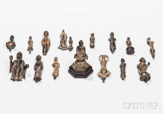 Appraisal: Fifteen Buddhist Gilt-bronze and Bronze Miniature Items Fifteen Buddhist Gilt-bronze