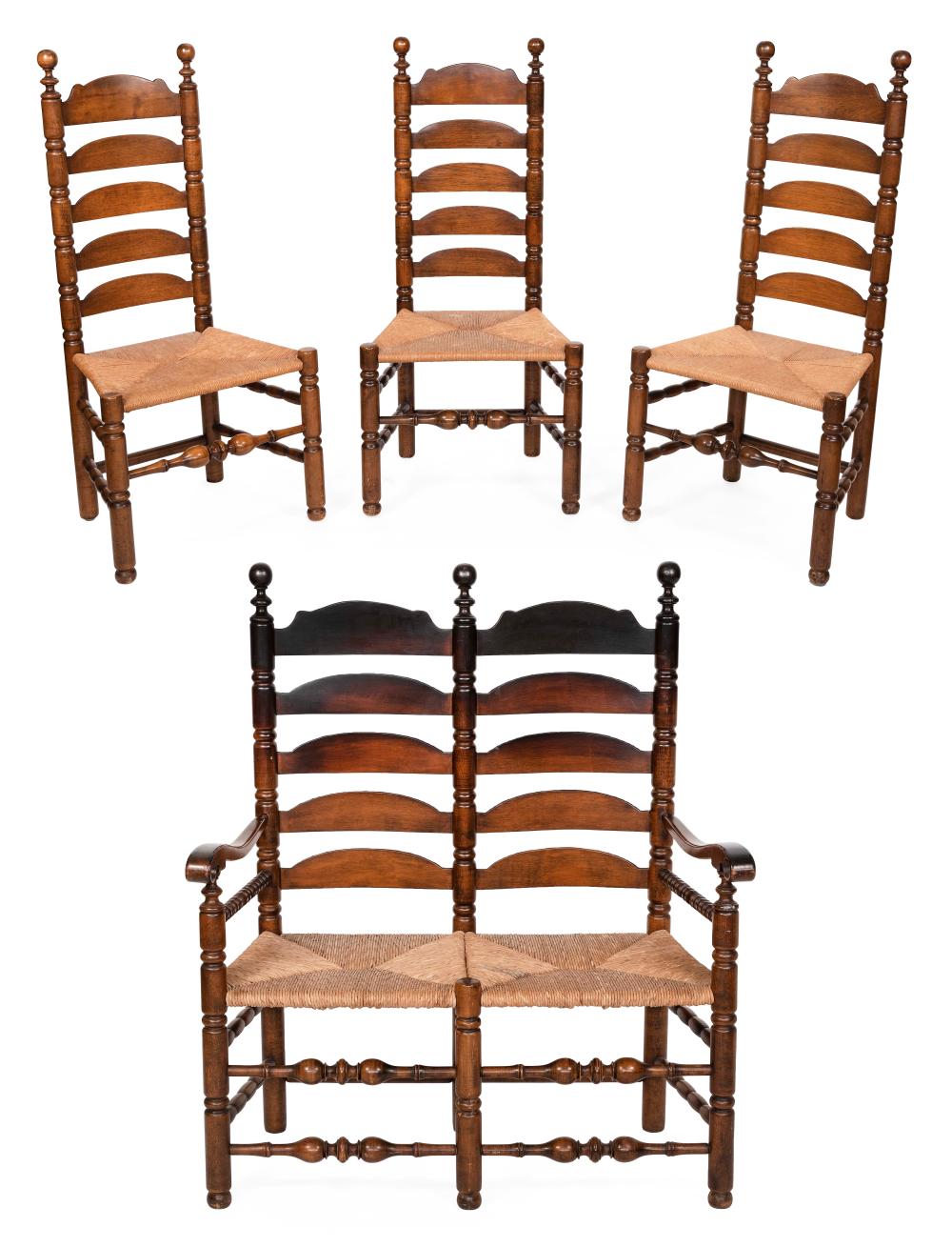 Appraisal: WALLACE NUTTING PILGRIM-STYLE LADDER-BACK SETTEE AND THREE MATCHING SIDE CHAIRS