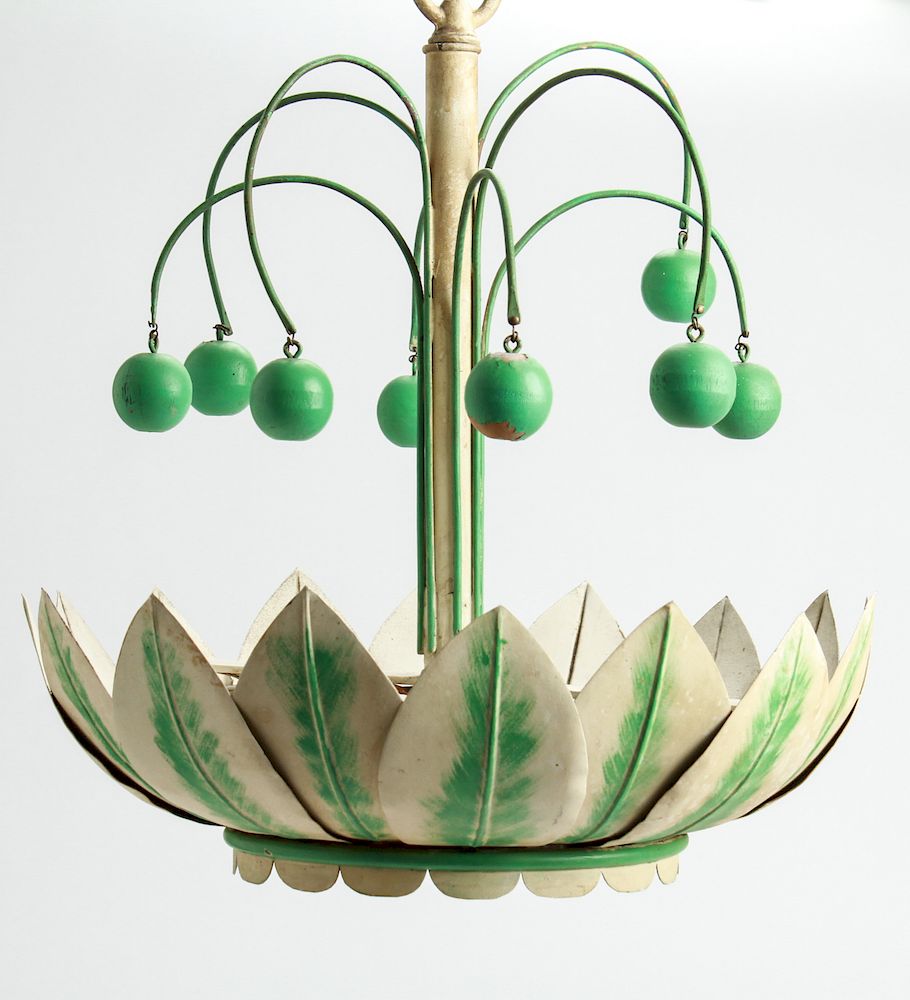 Appraisal: Toleware Glass Leaf Motif Chandelier Toleware chandelier hanging light fixture