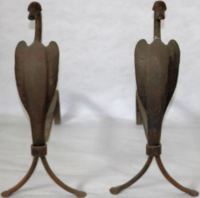 Appraisal: PAIR OF WROUGHT IRON ARTS AND CRAFTS ANDIRONS BIRD FORM