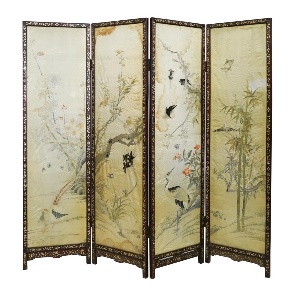 Appraisal: CHINESE EMBROIDERY FOUR-FOLD FLOOR SCREENthe frames of mother-of-pearl-inlaid hardwood each