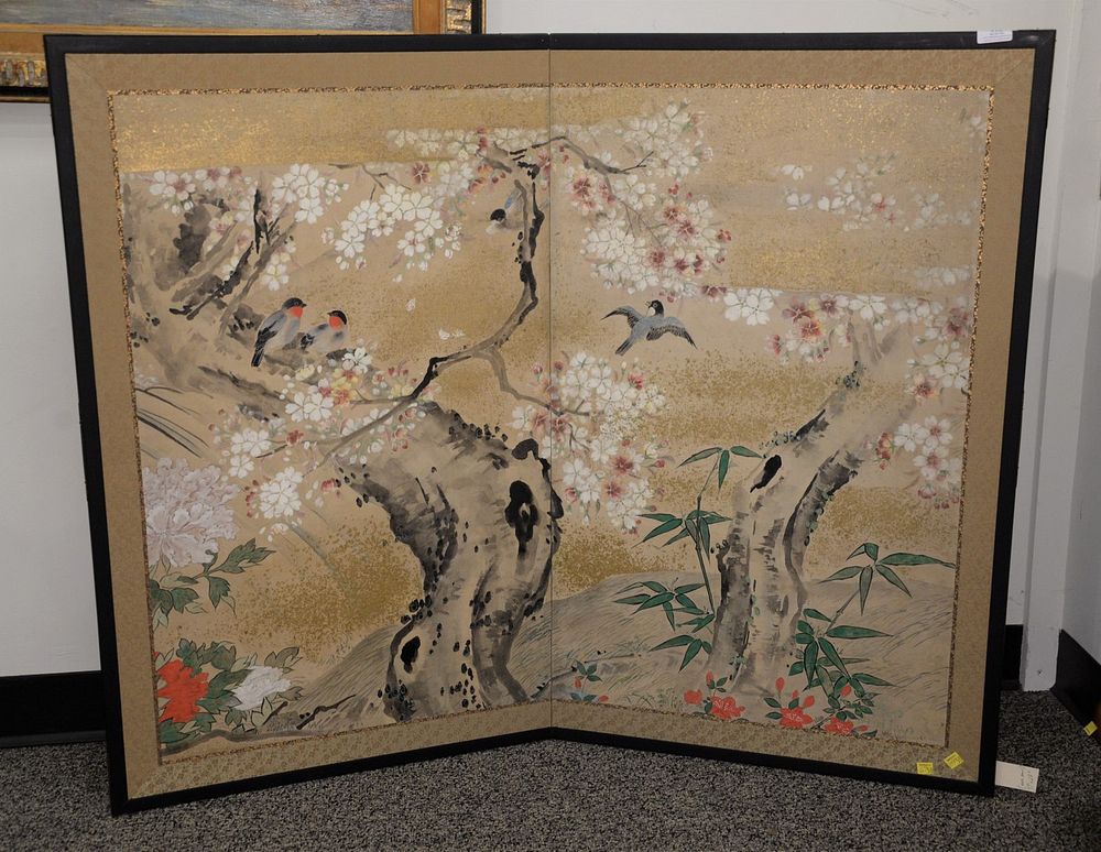 Appraisal: Two-Part Chinese Screen depicting birds and cherry flowers with silk