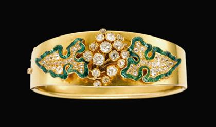 Appraisal: Diamond and enamel bangle bracelet victorian Diamonds amongst gradiated green