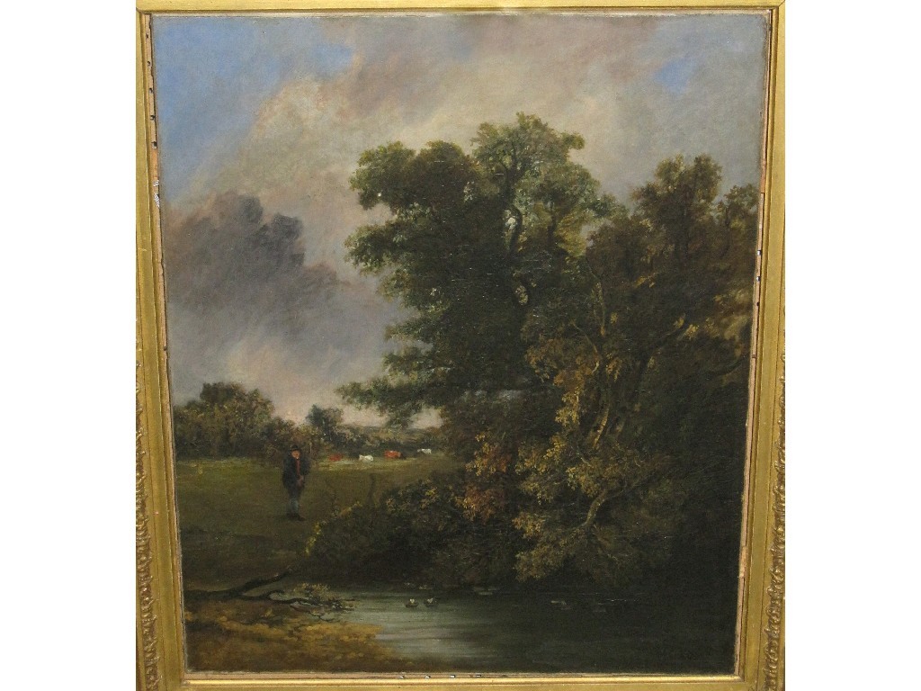 Appraisal: Oil on relined canvas landscape with a figure by a