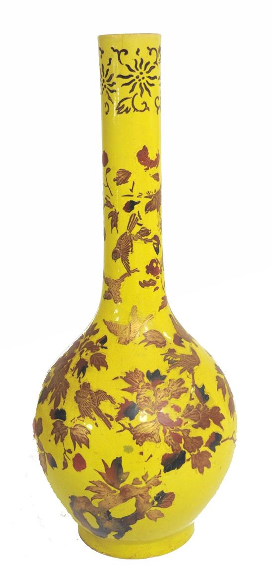 Appraisal: Monumental Japanese ceramic vase bottle form with elongated neck yellow