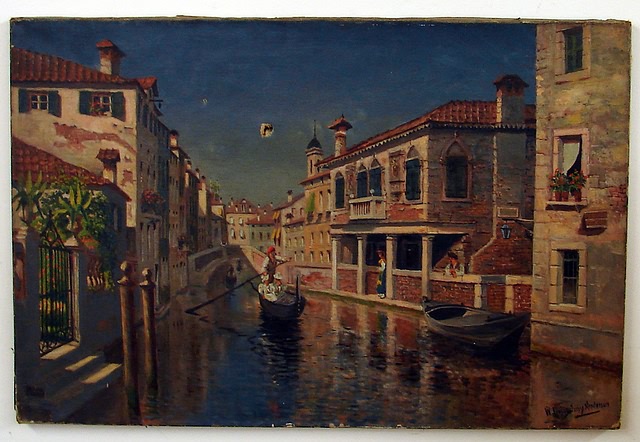 Appraisal: Venetian Canal boat and figures oil on canvas x SLR