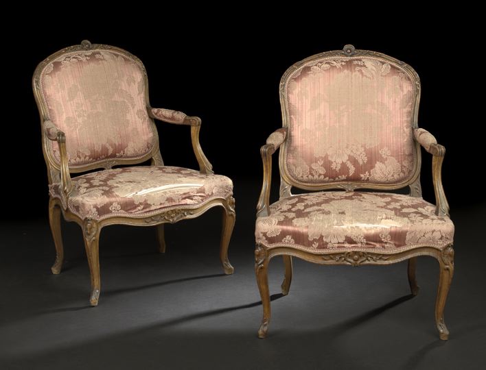 Appraisal: Pair of Louis XV-Style Fruitwood Fauteuils second quarter th century