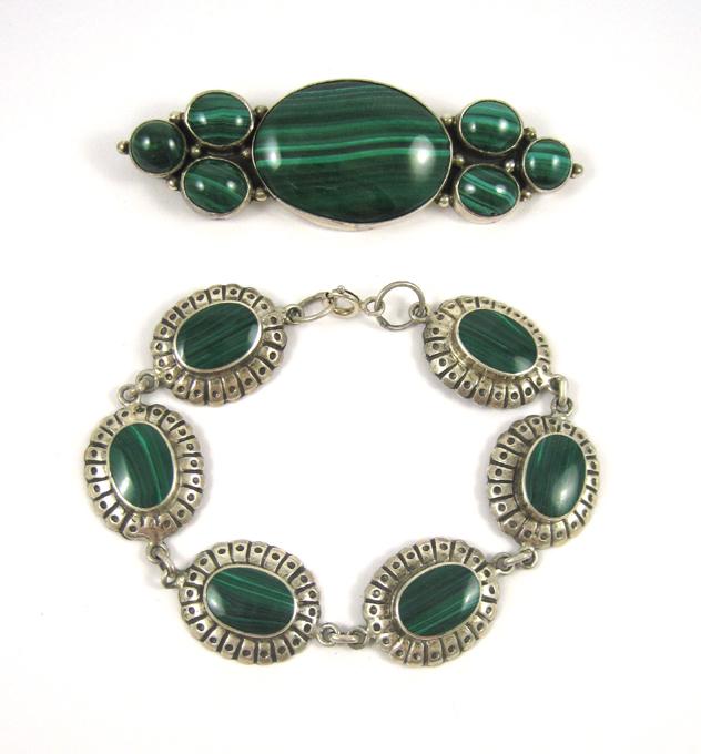 Appraisal: TWO ARTICLES OF MALACHITE AND SILVER JEWELRY including a -