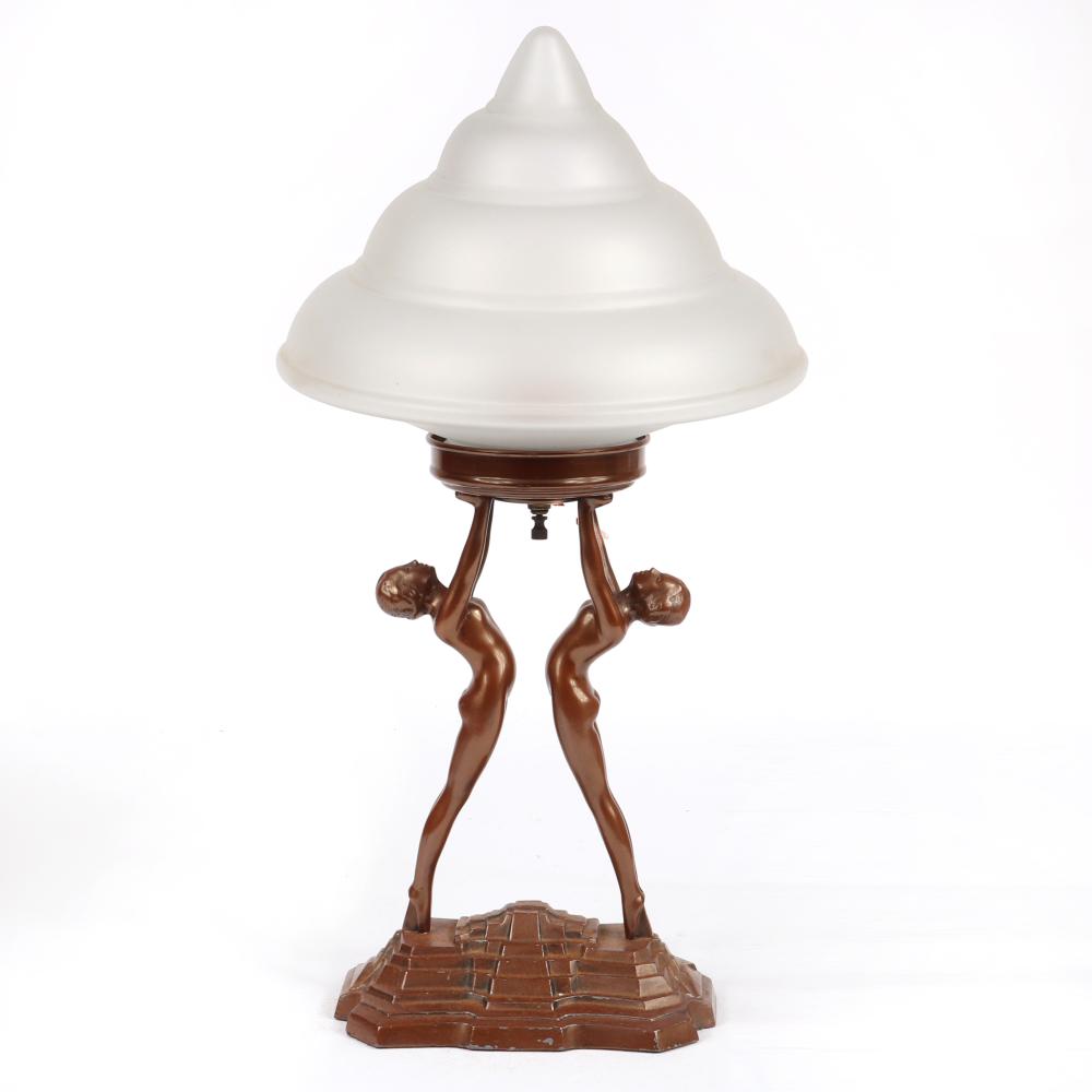 Appraisal: NUART ART DECO DOUBLE NUDE LADY LAMP WITH FROSTED GLASS