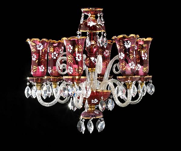 Appraisal: A Bohemian enameled and parcel gilt cranberry glass six light